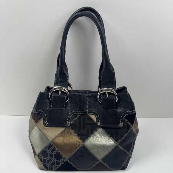 TIGNANELLO Leather Bucket Purse Metallic Patchwork Silver Buckles Black Studded - Picture 10 of 16